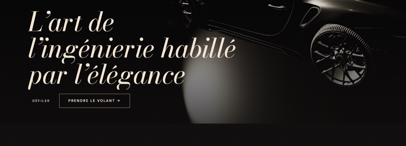 Site de Châssis Couture, haut de page : « L’art de l’ingénierie habillé par l’élégance » et la Porsche GT3 RS en 3D